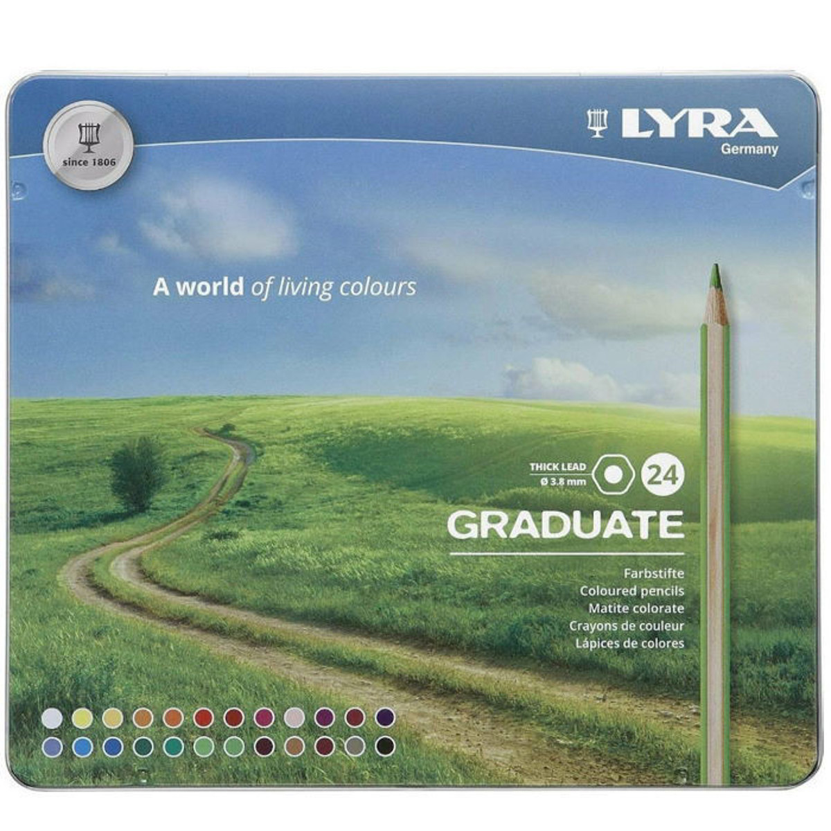 Μεταλλική κασετίνα σετ 24 ξυλομπογιών Lyra Graduate κλειστή με ετικέτα σειράς