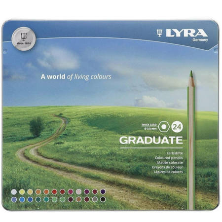 Μεταλλική κασετίνα σετ 24 ξυλομπογιών Lyra Graduate κλειστή με ετικέτα σειράς