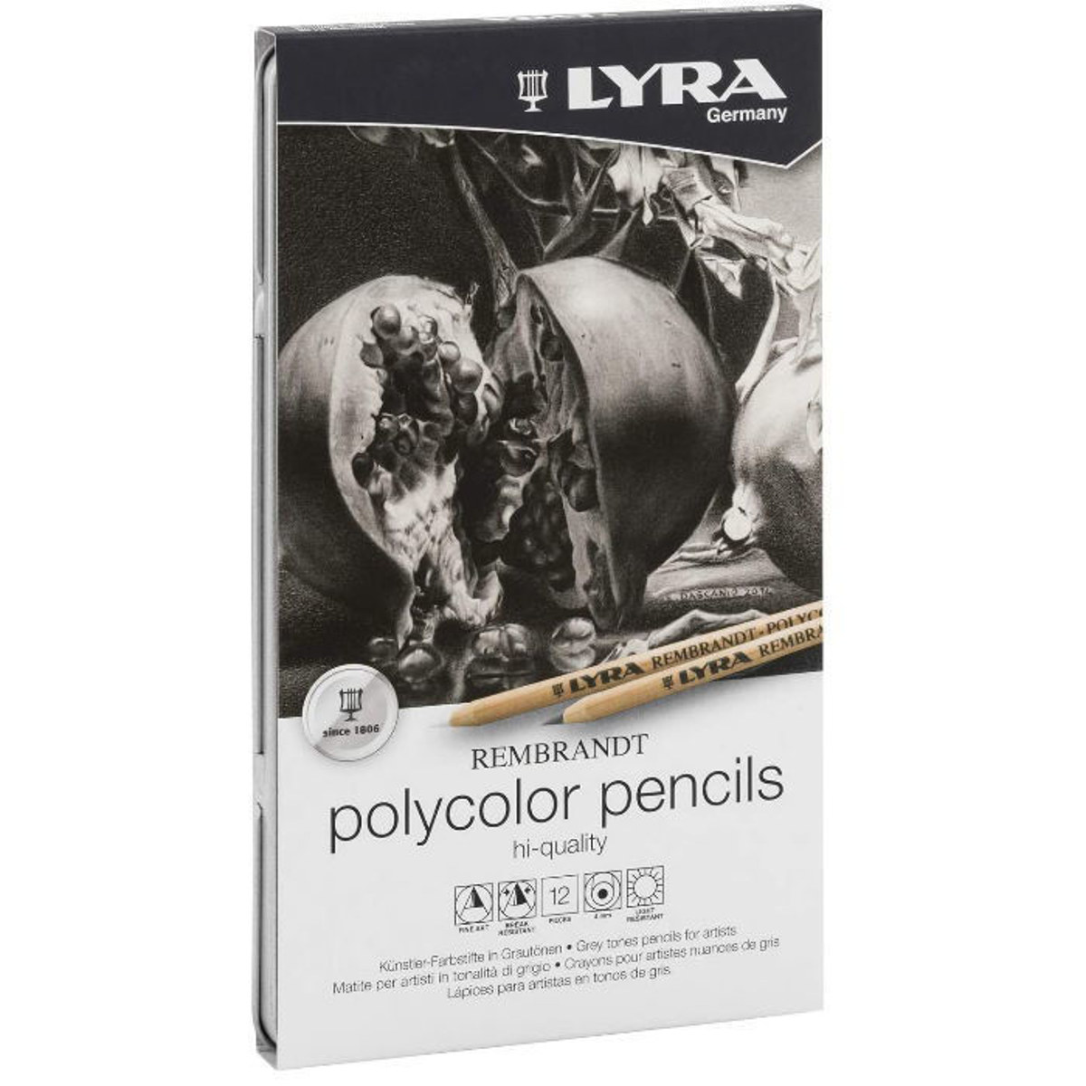 Μεταλλική κασετίνα σετ 12 γκρι ξυλομπογιών Lyra Rembrandt Polycolor Grey κλειστή με ετικέτα σειράς