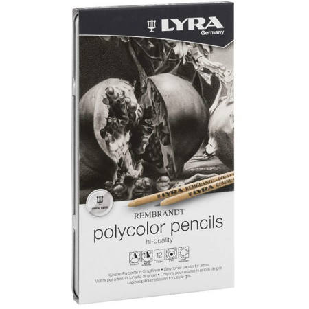 Μεταλλική κασετίνα σετ 12 γκρι ξυλομπογιών Lyra Rembrandt Polycolor Grey κλειστή με ετικέτα σειράς