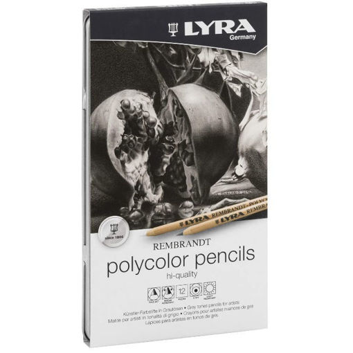 Μεταλλική κασετίνα σετ 12 γκρι ξυλομπογιών Lyra Rembrandt Polycolor Grey κλειστή με ετικέτα σειράς