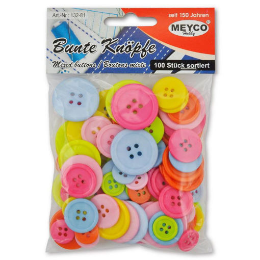 Κουμπιά Meyco πλαστικά σετ 100 τεμαχίων διάφορα χρώματα και σχέδια – Κωδικός 13281 – EAN 4028245132818
