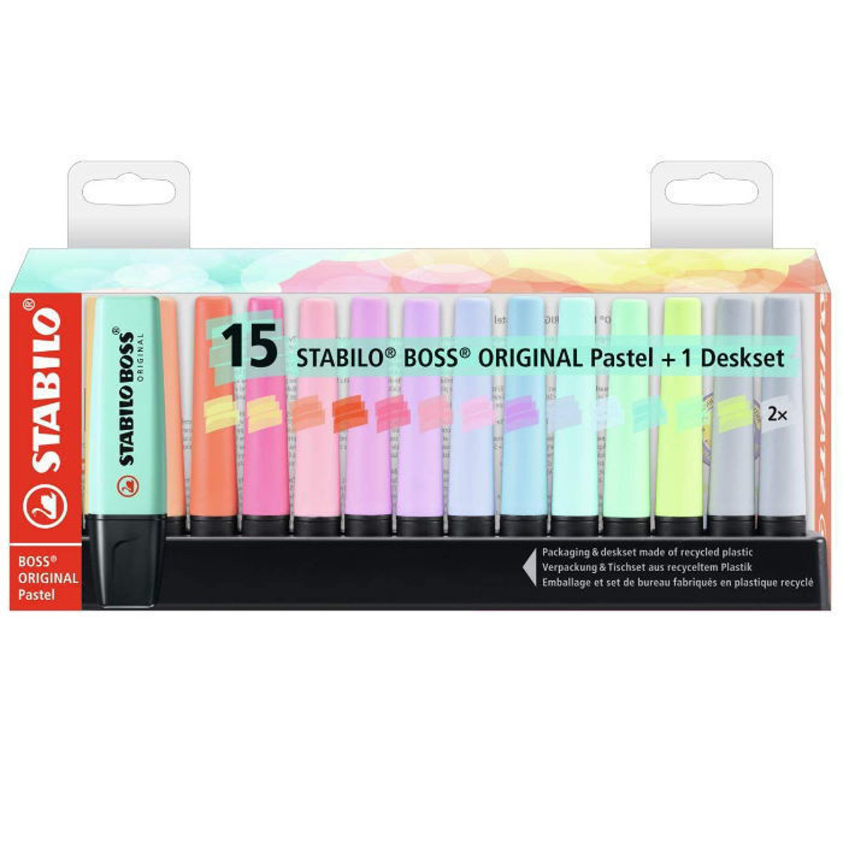 Σετ μαρκαδόρων υπογραμμίσεως Stabilo Boss Pastel 15 τεμαχίων 7015-02 με βάση γραφείου. 2. Barcode EAN: 4006381567411. 3. Lichnaribooks