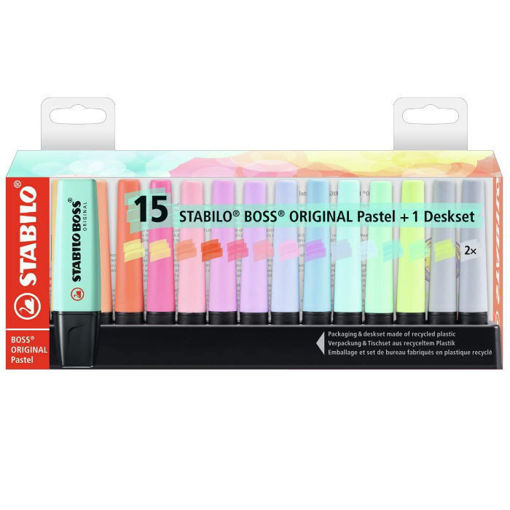 Σετ μαρκαδόρων υπογραμμίσεως Stabilo Boss Pastel 15 τεμαχίων 7015-02 με βάση γραφείου. 2. Barcode EAN: 4006381567411. 3. Lichnaribooks