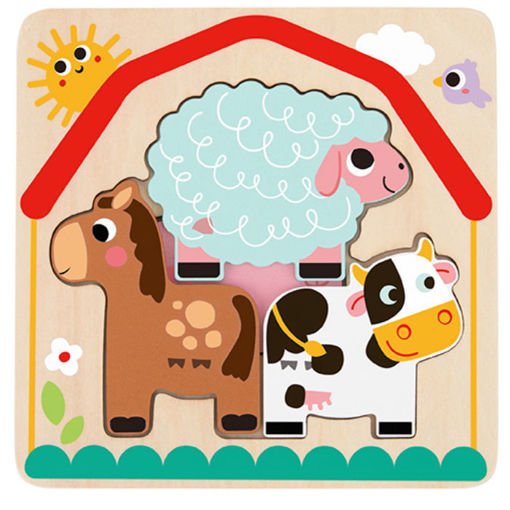 Ξύλινο παζλ πολλαπλών επιπέδων με ζώα φάρμας σε βάση με εσοχές – εκπαιδευτικό παιχνίδι για βρέφη από 12 μηνών