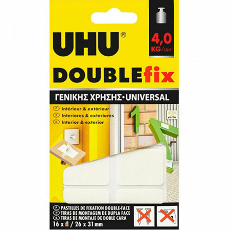 Αυτοκόλλητα διπλής όψης UHU Doublefix Extreme 6 τεμαχίων στη συσκευασία τους, μπροστινή όψη