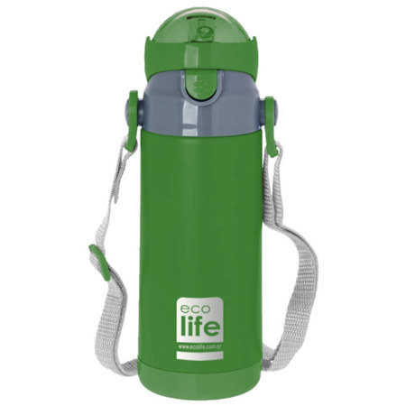 Ανοξείδωτο παιδικό θερμός Ecolife σε πράσινο χρώμα με ενσωματωμένο καλαμάκι