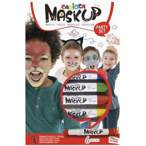 Σετ 6 χρωμάτων προσώπου Carioca Mask Up 43052 σε μορφή στικ, υποαλλεργικά, για παιδικά πάρτι και αποκριάτικες μεταμφιέσεις