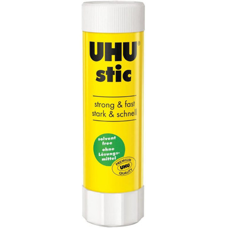 Κόλλα stick UHU Stic 40gr σε κίτρινη συσκευασία με μωβ καπάκι, μπροστινή όψη