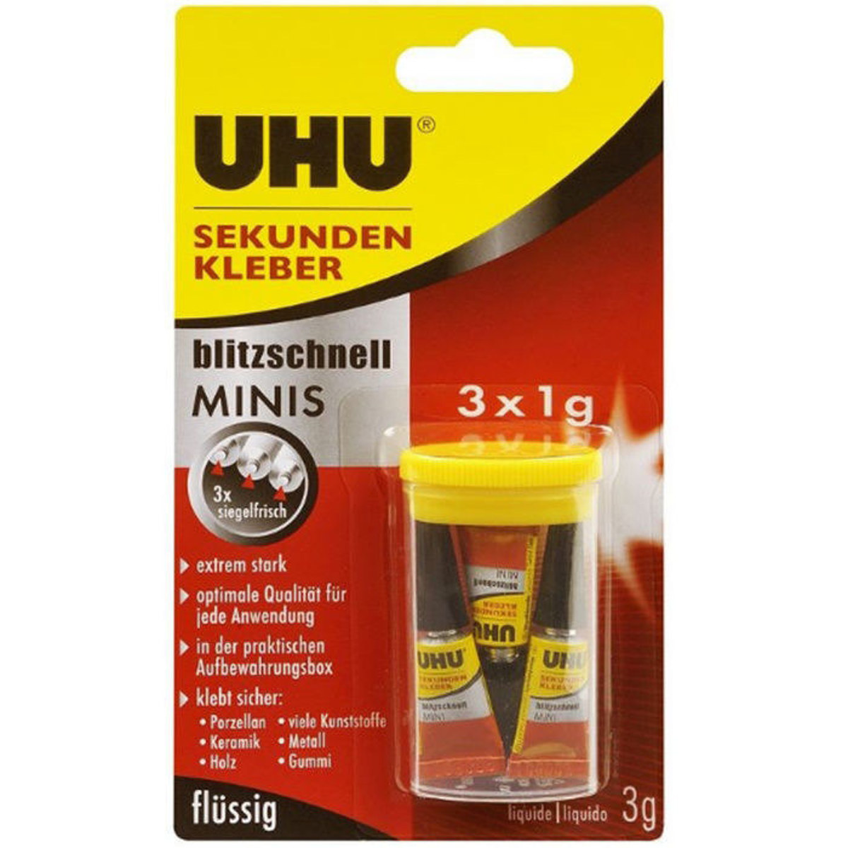 Κόλλα στιγμής UHU Minis σε συσκευασία 3+1 δώρο με τέσσερα μίνι σωληνάρια του 1g, μπροστινή όψη