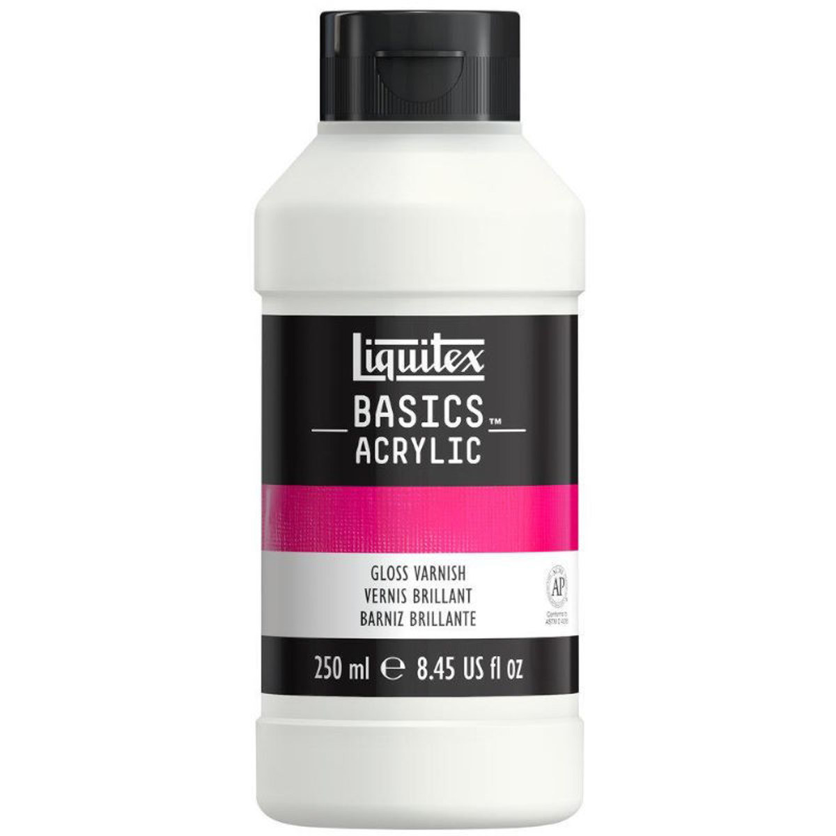 Πλαστικό μπουκάλι ακρυλικού βερνικιού Liquitex Basics Gloss 250ml για προστασία έργων ζωγραφικής.