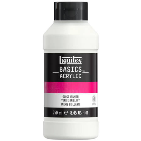 Πλαστικό μπουκάλι ακρυλικού βερνικιού Liquitex Basics Gloss 250ml για προστασία έργων ζωγραφικής.