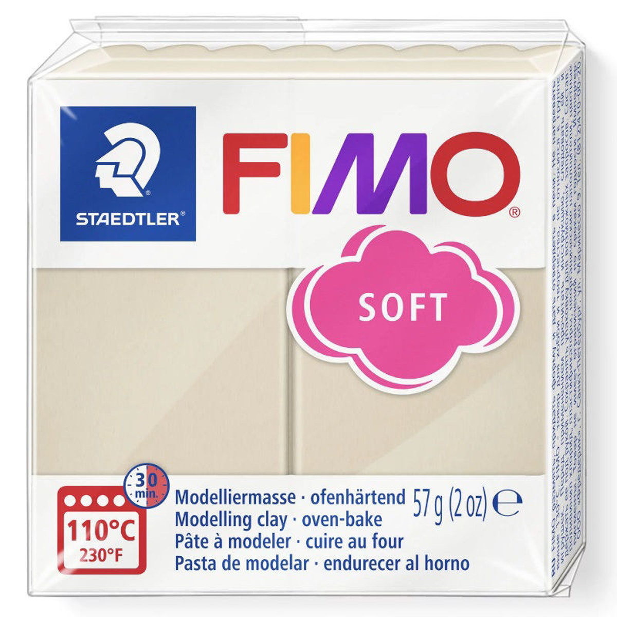 Πολυμερικός πηλός Fimo Soft σε ορθογώνιο σχήμα και χρώμα σαχάρα με το λογότυπο της Staedtler