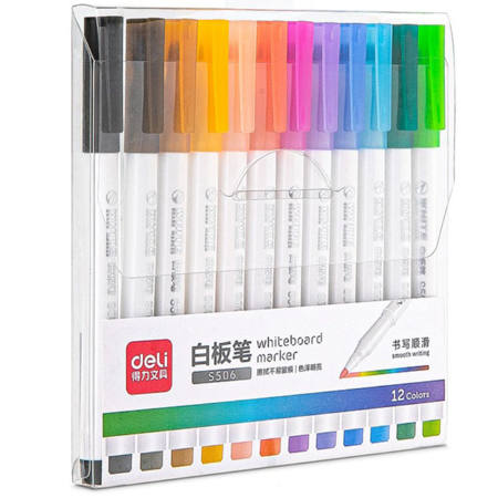 Μαρκαδόροι πίνακα Deli S506 set 12 τεμαχίων, 1.00mm, πολύχρωμο σετ μαρκαδόρων whiteboard, EAN 6921734904706, Lichnaribooks
