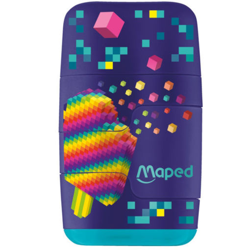 Maped Pixel Party 2 σε 1 ξύστρα και γόμα με ρετρό σχέδιο, περιστρεφόμενη γόμα και διπλή εσοχή για μολύβια