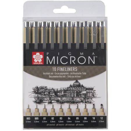 Sakura μαρκαδοράκια σχεδίου σετ δέκα Pigma Micron από 0.03 έως 1.2 χιλιοστά 8712079459550 Lichnaribooks