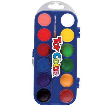 Νερομπογιές Toy Color 12 χρωμάτων με πινέλο, σετ ζωγραφικής για παιδιά και δημιουργούς, EAN 8015189002310, Lichnaribooks
