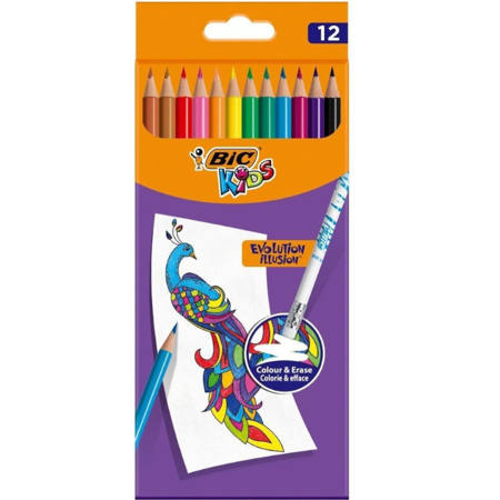 BIC Evolution Illusion ξυλομπογιές διαγράψιμες 12 τεμ. + 2 γόμες – κατάλληλες για διόρθωση και ζωγραφική – EAN 3086123570894