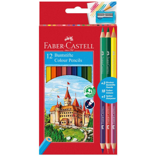 Faber-Castell σετ ξυλομπογιές 12+3 τεμάχια με ξύστρα – εργονομικές, τριγωνικές, με ανθεκτική μύτη – EAN 7891360595540