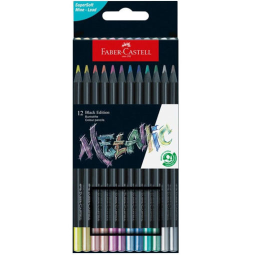 Ξυλομπογιές Faber Castell Black Edition Metallic 12 τεμαχίων με λαμπερές μεταλλικές αποχρώσεις και μαύρο εργονομικό σώμα – Κωδικός 116415 – EAN 4005401164159
