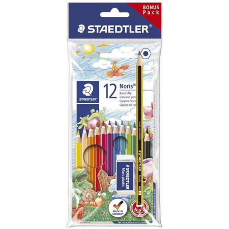 Staedtler Noris σετ 12 ξυλομπογιές + μολύβι HB και γόμα Mars – ιδανικό για σχολική χρήση – EAN 4007817609019