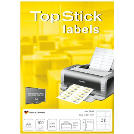 Πακέτο με λευκές αυτοκόλλητες ετικέτες TopStick Α4 63.5x38.1mm σε συσκευασία 100 φύλλων