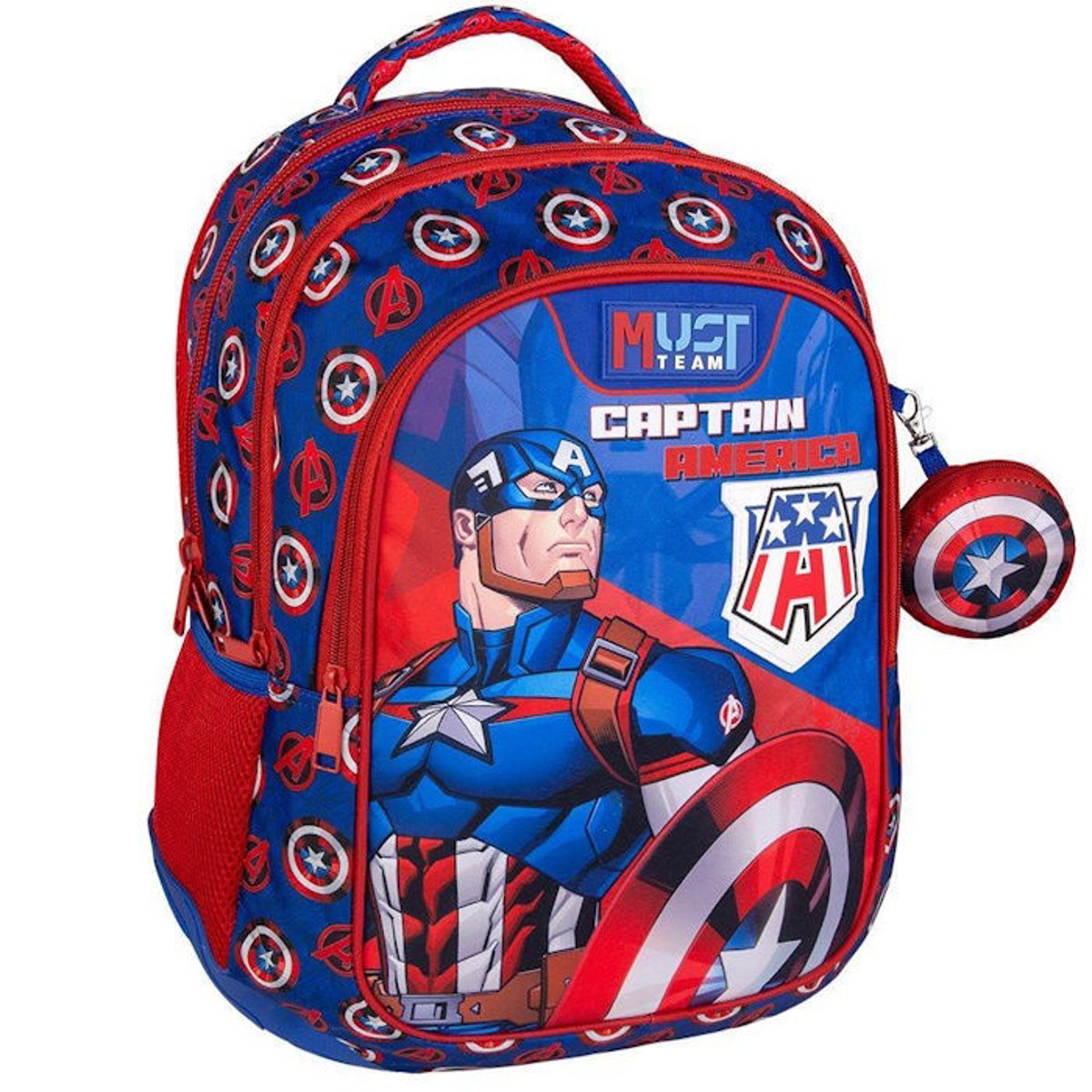 Σχολική τσάντα πλάτης Must με τον Captain America και την ασπίδα του σε μπλε χρώμα.