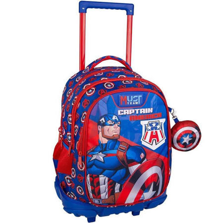 Σχολική τσάντα τρόλεϋ Must με τον Captain America και την ασπίδα του σε μπλε χρώμα.