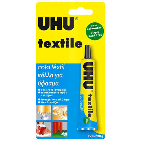 Κόλλα υφάσματος UHU Textile σε σωληνάριο 19ml με τη συσκευασία της, μπροστινή όψη