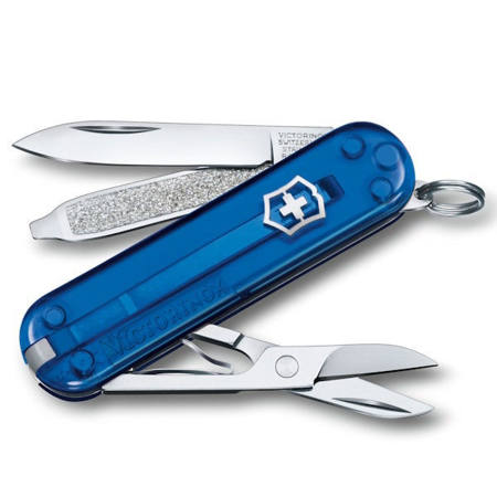Σουγιάς Victorinox Deep Ocean 0.6223.T2G ανοιχτός με εργαλεία — διάφανη μπλε λαβή