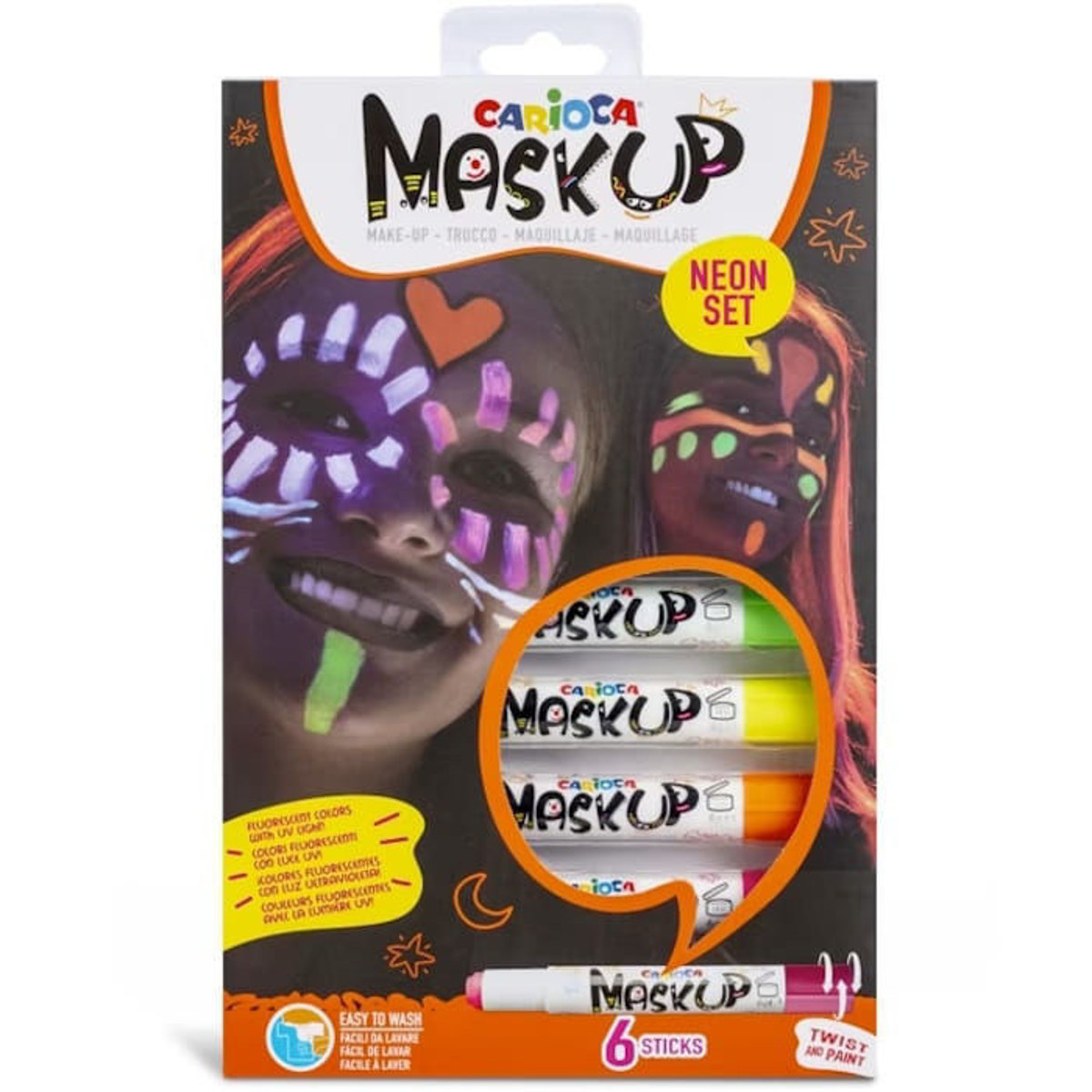Η συσκευασία του σετ χρωμάτων προσώπου Carioca MaskUp Neon
