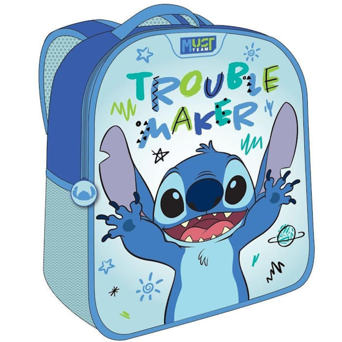 Μπροστινή όψη τσάντα νηπίου Must 3D Eva Lilo & Stitch με ανάγλυφο σχέδιο του Stitch σε μπλε χρώμα.