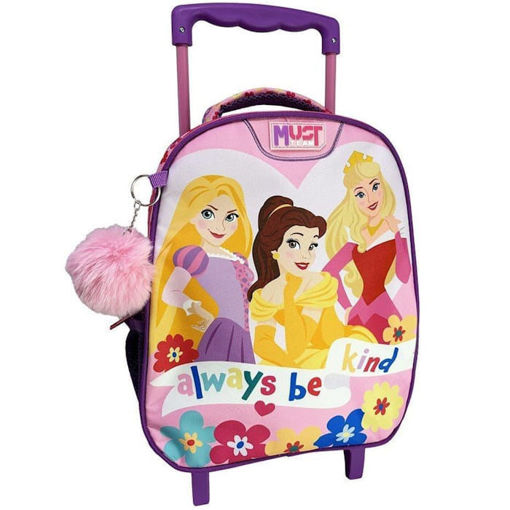 Μπροστινή όψη τσάντα τρόλεϋ νηπίου Must Team Princess με σχέδιο πριγκίπισσας και το μήνυμα Always Be Kind σε ροζ χρώμα.