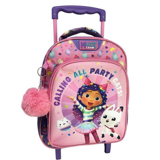 Μπροστινή όψη τσάντα τρόλεϋ νηπίου Must Gabby's Dollhouse Calling All Party Cats με πολύχρωμο σχέδιο της Gabby.