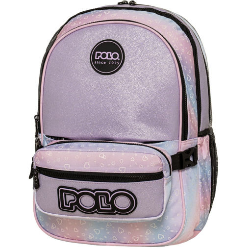 Σακίδιο Polo Zippy Hearts 25lt σε Λιλά Metallic με σχέδιο καρδιών και αποσπώμενη μπανάνα μπροστά