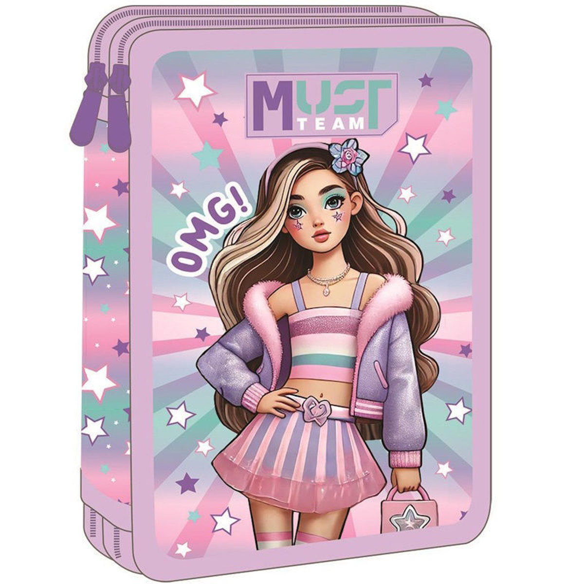 Κασετίνα Must Team διπλή γεμάτη με σχέδιο Fashion Girl σε ροζ αποχρώσεις