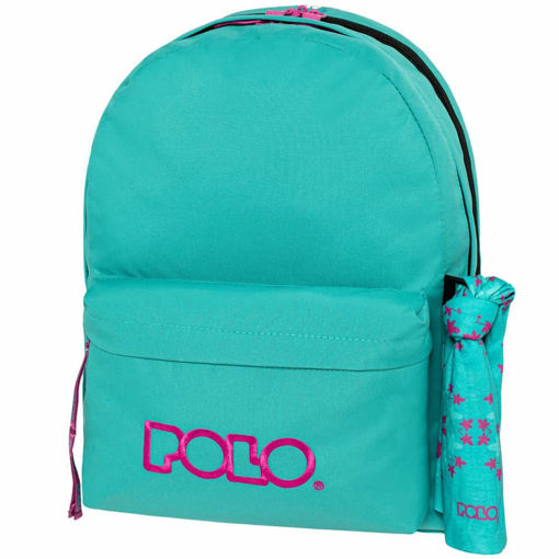 Σακίδιο πλάτης Polo Original Double Scarf Cyan-Dark Fuchia, μπροστινή όψη με 2 κεντρικές θήκε