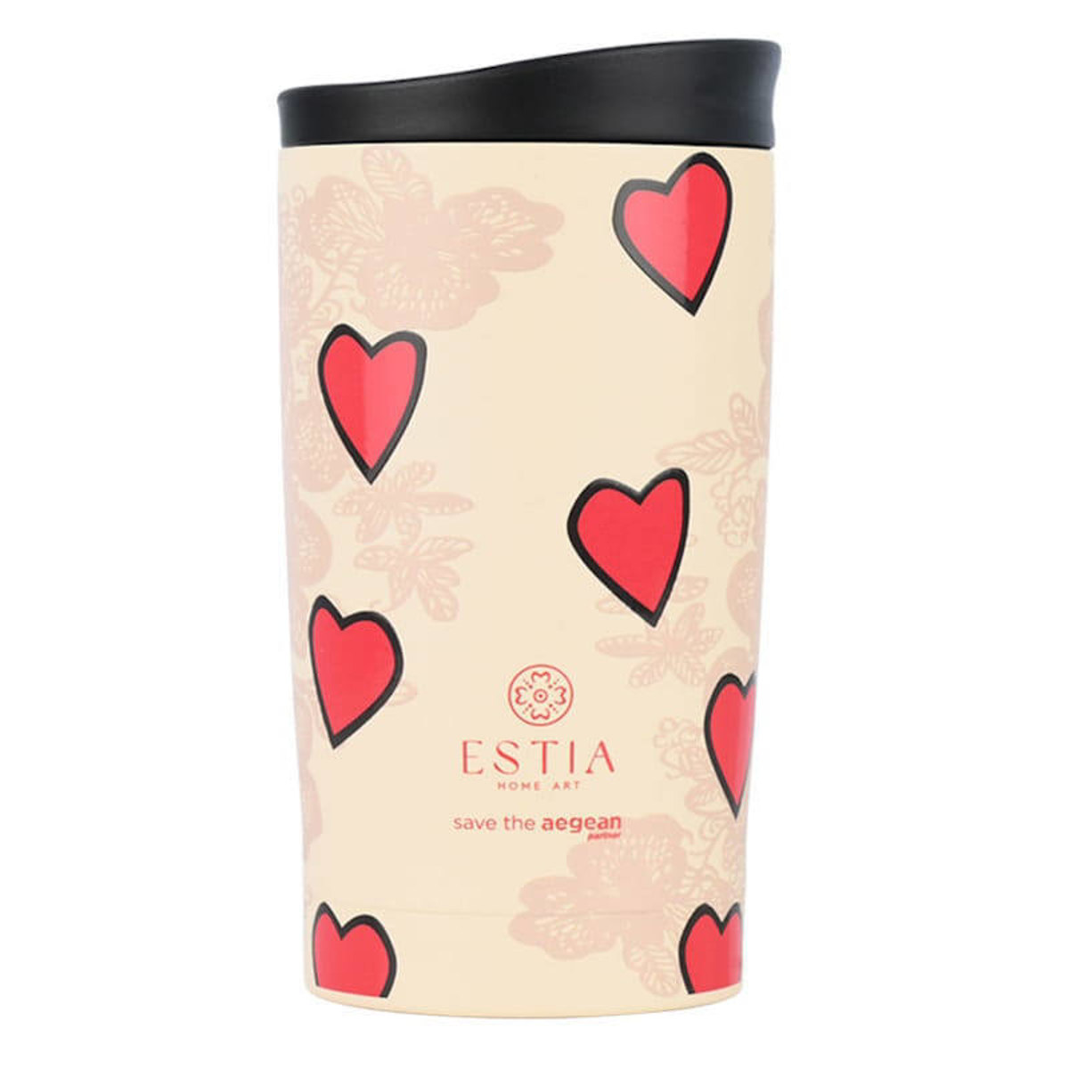 Μετωπική όψη του θερμού Estia Travel Mug 350ml Tender Lace με το λογότυπο Save The Aegean και το μοτίβο δαντέλας.
