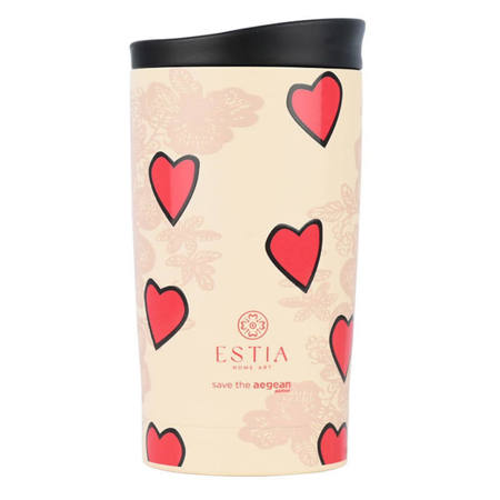 Μετωπική όψη του θερμού Estia Travel Mug 350ml Tender Lace με το λογότυπο Save The Aegean και το μοτίβο δαντέλας.