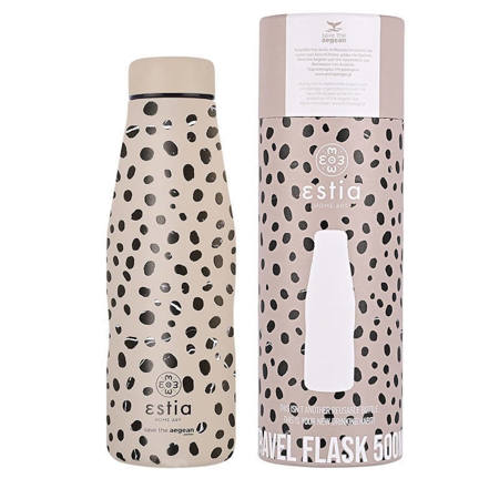 Μετωπική όψη του θερμού Estia Travel Mug 350ml Tender Lace με το λογότυπο Save The Aegean και το μοτίβο δαντέλας.