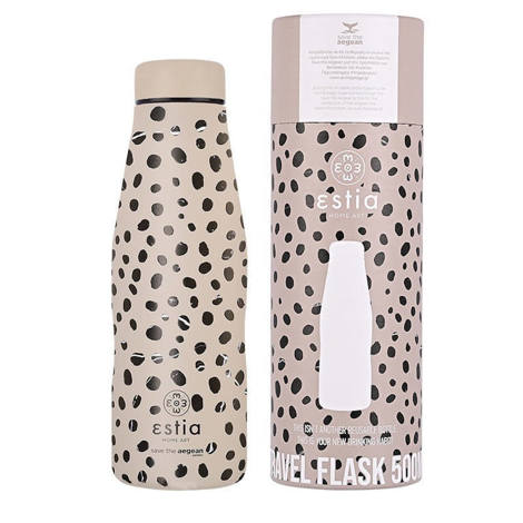Μετωπική όψη του θερμού Estia Travel Mug 350ml Tender Lace με το λογότυπο Save The Aegean και το μοτίβο δαντέλας.