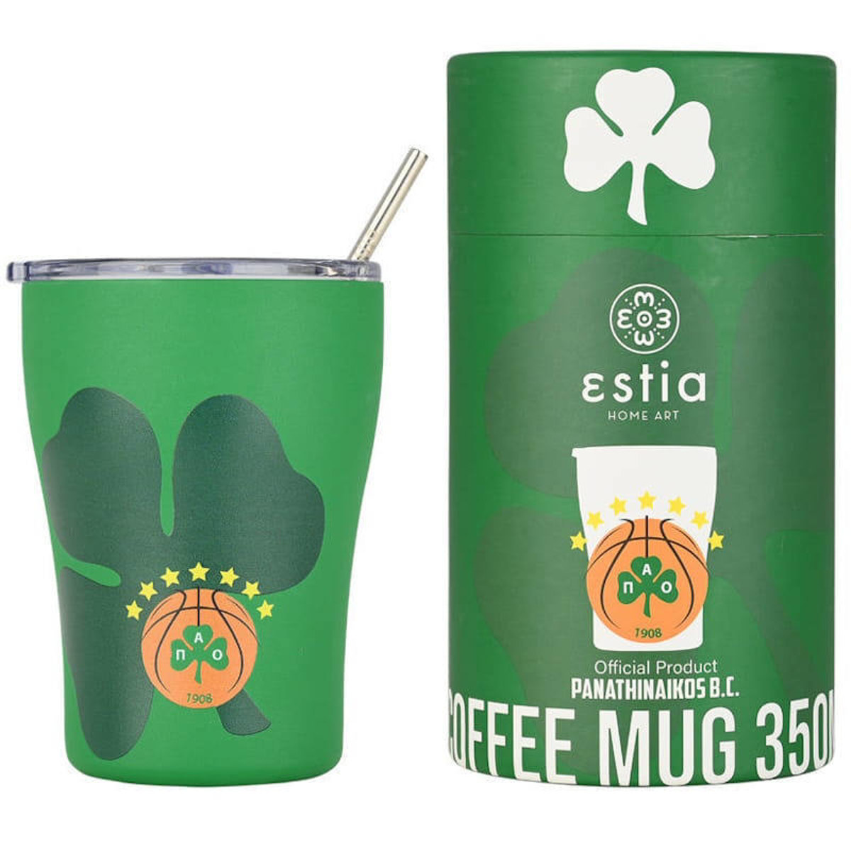 Η επίσημη συσκευασία του θερμού Estia Panathinaikos BC Edition με τα διακριτικά της ομάδας.