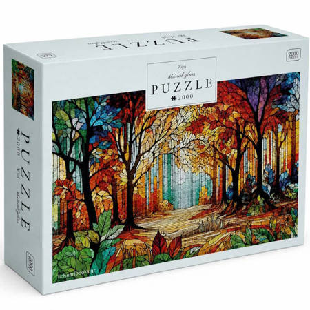 Παζλ Inter Druk Stained Glass με δύο χιλιάδες κομμάτια, μπροστινή όψη του κουτιού με το πολύχρωμο σχέδιο