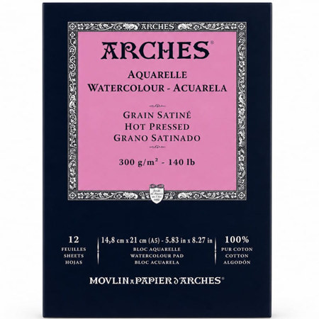 Εικόνα της Arches Aquarelle Pad Hot Pressed 14.8x21cm 300gr/m2 140lb 100% Cotton 12φύλλα A1795095