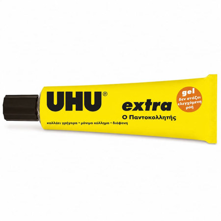 Κόλλα UHU Extra Gel γενικής χρήσης σε κίτρινο σωληνάριο 31ml, μπροστινή όψη