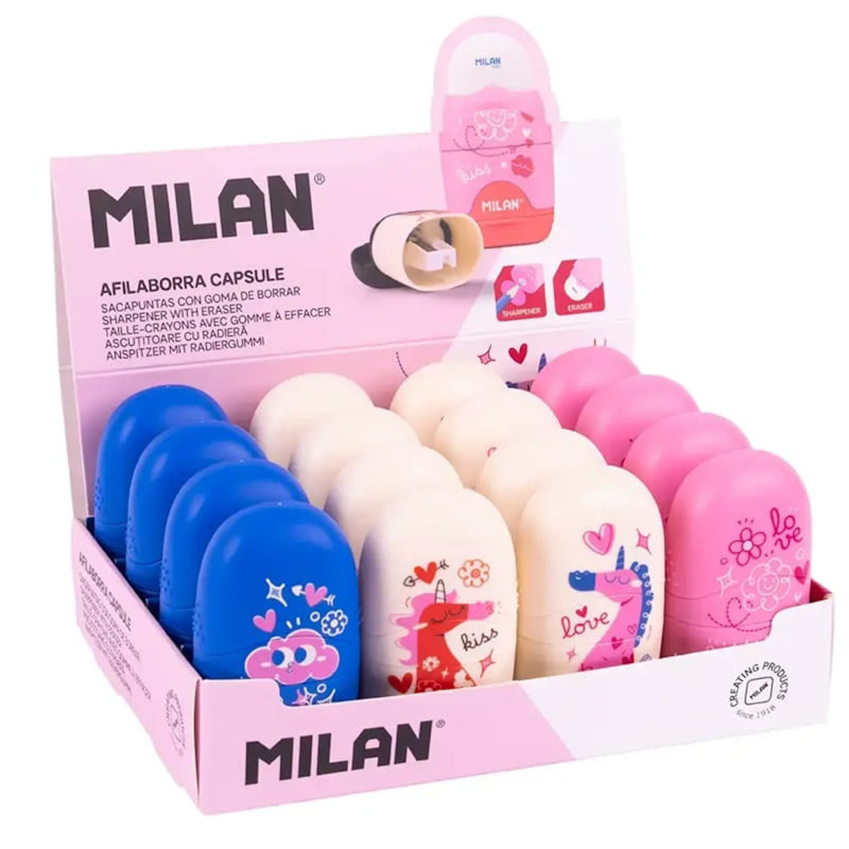 Εικόνα της Ξύστρα με γόμα Milan Capsule Roller Flowicorn 4701116FLC Ass.