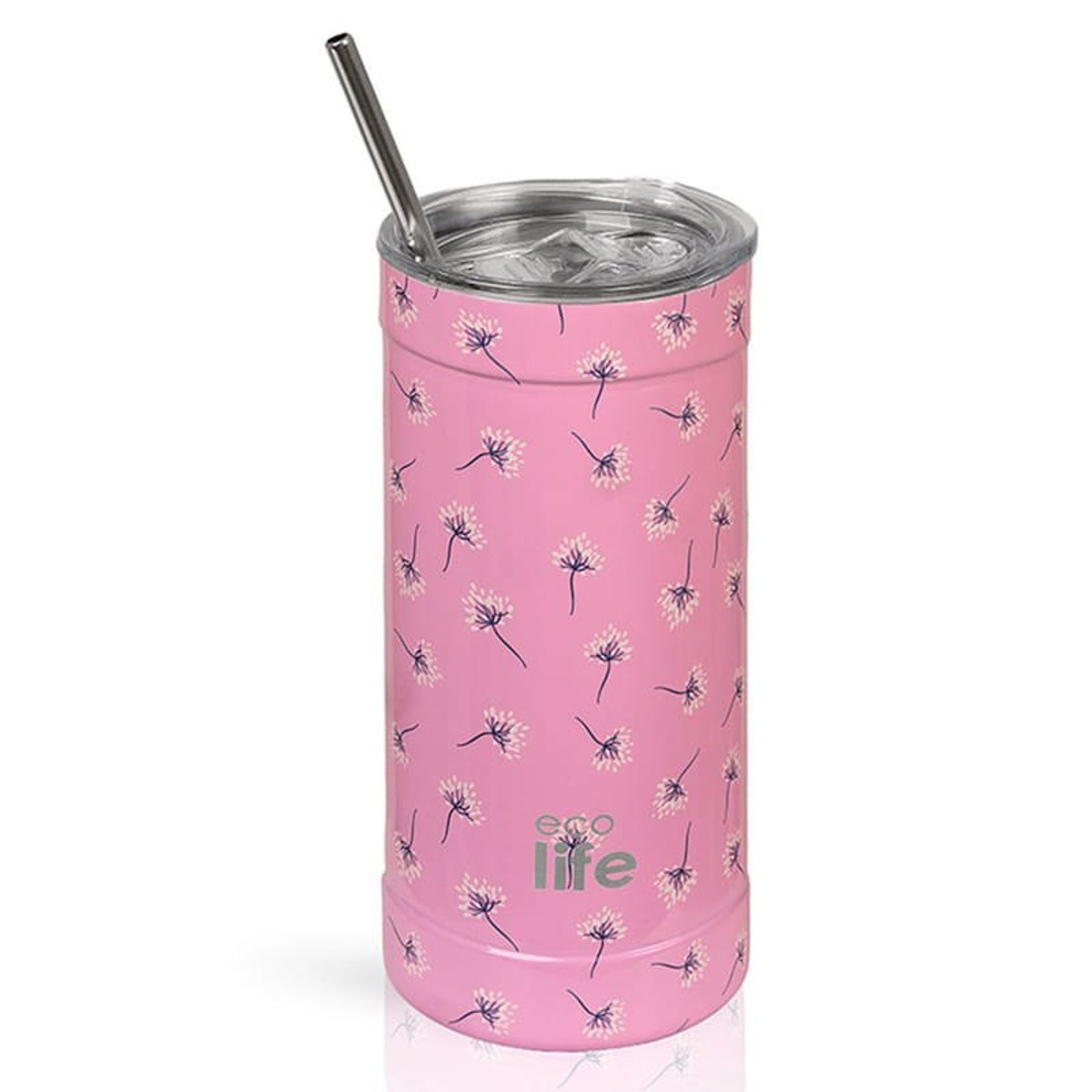 Θερμός ανοξείδωτος Ecolife Pink Dandelion 500ml με ροζ σχέδιο πικραλίδας και καλαμάκι