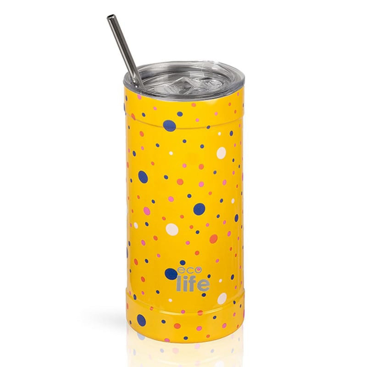Θερμός ανοξείδωτος Ecolife Dots in Yellow 500ml με κίτρινες βούλες και καλαμάκι