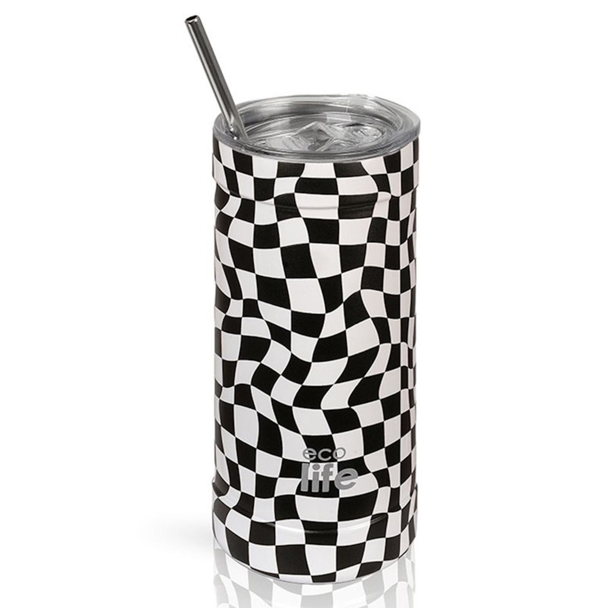 Θερμός ανοξείδωτος Ecolife Black & White 500ml με ασπρόμαυρο σχέδιο και καλαμάκι