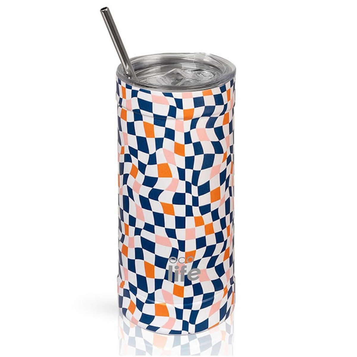 Θερμός ανοξείδωτος Ecolife Squares 500ml με σχέδιο τετράγωνα και καλαμάκι